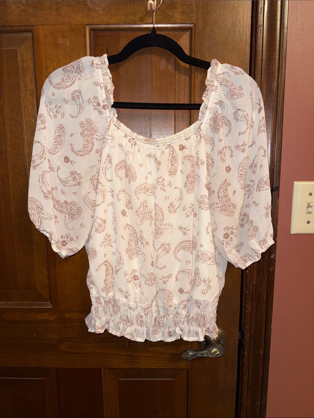 Eclair White Paisley Puff Sleeve Peasant Top